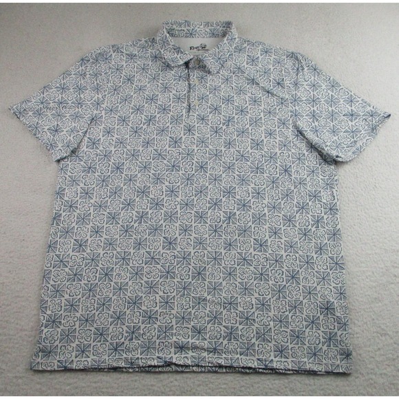 Reyn Spooner Polo Shirt Mens Large Blue White Hawaiian Aloha Stretch Performance